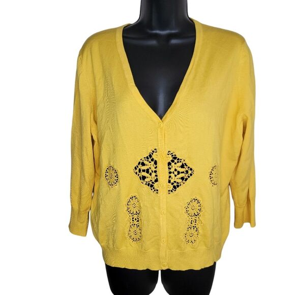 Neiman Marcus lace insert yellow button-up cardigan sweater Size XL - Picture 1 of 7